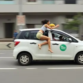 mulher pula de carro em movimento