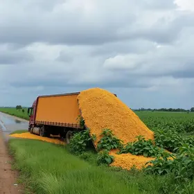 Carreta tomba e derrama carga de soja na Raposo Tavares