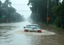 carro submerso em alagamento na rodovia Raposo Tavares